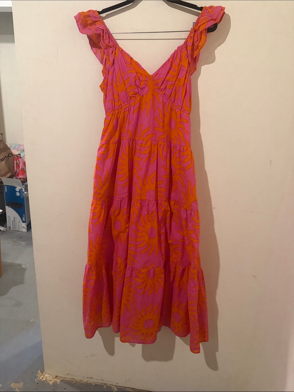 J Marie Pink & Orange Sunburst Tiered Maxi Dress Size Medium